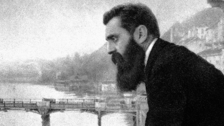 Famous photo of Theodor Herzl on the balcony of Hotel Les Trois Rois in Basel, Switzerland (photo credit: CC-PD-Mark, by Wikigamad, Wikimedia Commons)