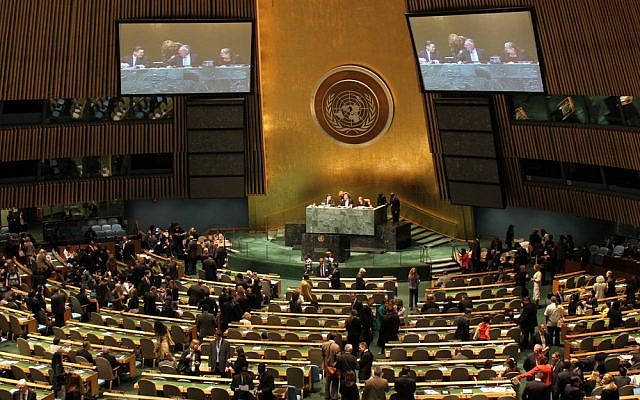 The United Nations General Assembly hall in New York (photo credit: CC BY-linh.m.do/Flickr/File)