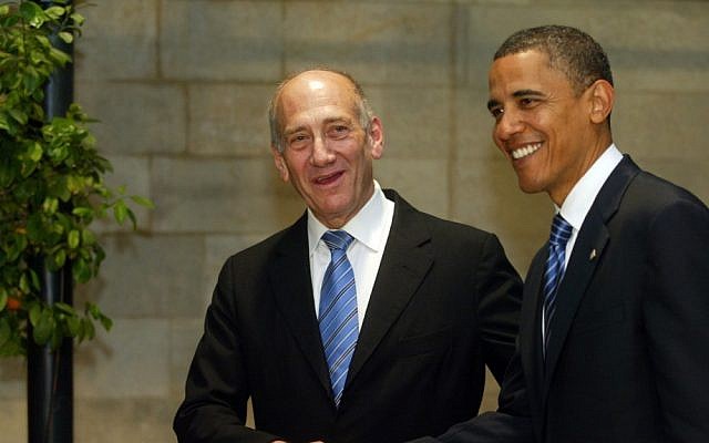 Then-prime minister Ehud Olmert meets with Barack Obama in Jerusalem in 2008 (photo credit: Olivier Fitoussi/Flash90)