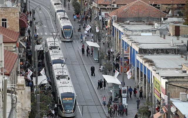 The light rail along Jaffa Road in the center of Jerusalem in 2011 (photo credit: Nati Shohat/Flash90)