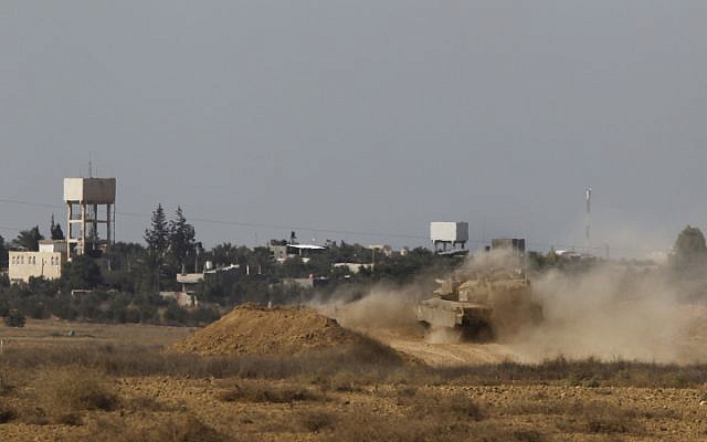 Illustrative photo of an Israeli tank along the Gaza border (photo credit: Tsafrir Abayov/Flash 90)