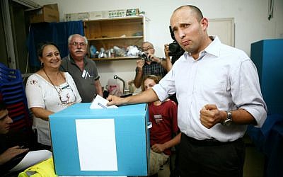 Naftali Bennett, running for leader of the Jewish Home party, votes in the primary elections, in Ranana on November 6, 2012. (photo credit: Yehoshua Yosef/Flash90)