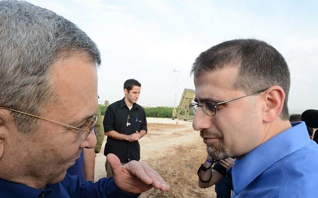 Defense Minister Ehud Barak (left) with US Ambassador Daniel Shapiro next to an  Iron Dome battery on Sunday (photo credit: Matty Stern/US Embassy Tel Aviv/Flash90)