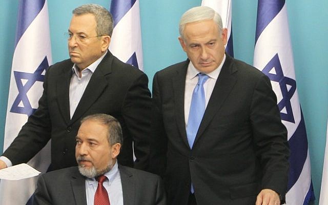 Prime Minister Benjamin Netanyahu, then-foreign minister Avigdor Liberman and then-defense minister Ehud Barak at a joint press conference in Jerusalem, on Wednesday, November 21, 2012. (Miriam Alster/Flash90)