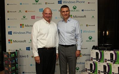 Microsoft CEO Steve Ballmer (left) on stage with MS Israel CEO Danny Yamin (photo credit: Chen Galili, Shilopro)