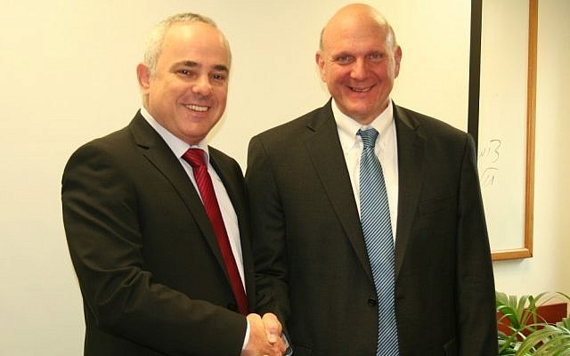 Then-Microsoft CEO Steve Ballmer (left), new Clippers owner, visits Israel in 2012.  (Pictured with him is then finance minister Yuval Steinitz (photo credit: courtesy Finance Ministry spokesman)