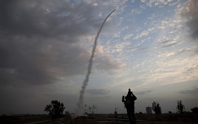 Illustrative: An Iron Dome rocket intercepting a missile fired from Gaza near Tel Aviv. (AP/Oded Balilty