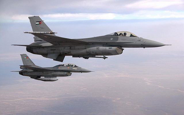 Illustrative photo of two F-16 Royal Jordanian Air Force jets (photo credit: CC BY-SA 3.0, by Caycee Cook, US Air Force, Wikimedia Commons)