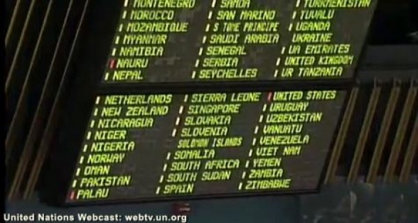 The electronic screen at the UN General Assembly showing the votes according to country (photo credit: screen capture UNGA livestream)