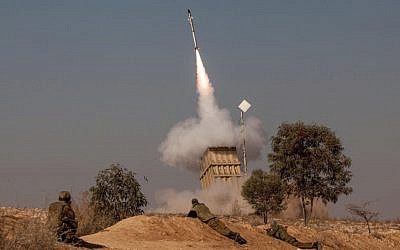 A volley of rockets fired from the Gaza Strip intercepted by the Iron Dome system near the Israeli town of Beersheba, November 15, 2012. (photo credit: Uri Lenzl/Flash90)