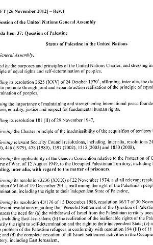 A draft of the PA's United Nation's statehood resolution, which would be rejected by Israel's foreign ministry.