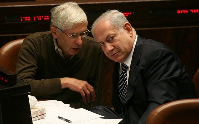 Benny Begin (L) with Benjamin Netanyahu, in the Knesset in 2012 (Miriam Alster/Flash90)