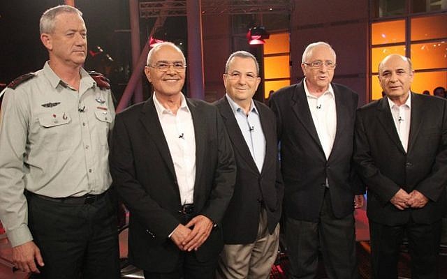 Illustrative: Former IDF chiefs of staff (from left) Benny Gantz, Dan Halutz, Ehud Barak, Amnon Lipkin-Shahak and Shaul Mofaz in Tel Aviv, October 2011 (Meir Partush/Flash90)