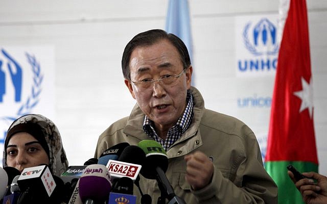 United Nations Secretary-General Ban Ki-moon speaks to reporters at the Zaatari Syrian refugee camp, in Mafraq, Jordan, last December (photo credit: AP/Mohammad Hannon)
