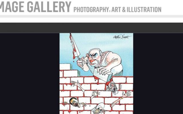 Sunday Times cartoon depicting Prime Minister Benjamin Netanyahu building a wall over Palestinians using blood for mortar (screenshot: The Sunday Times.co.uk)