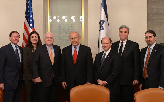 Left to right: Sen. Richard Blumenthal, Sen. Kelly Ayotte, Sen, John McCain, Prime Minister Benjamin Netanyahu, Sen. Christopher Coons, Sen. Sheldon Whitehouse and US Ambassador to Israel Dan Shapiro (Amos Ben Gershom/GPO/Flash90)