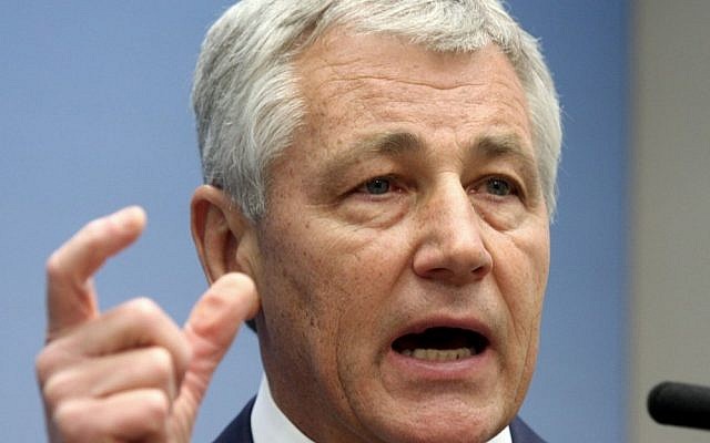 In this June 26, 2008 file photo, then-senator Chuck Hagel speaks on foreign policy at the Brookings Institution in Washington, DC (photo credit: AP/Lauren Victoria Burke)
