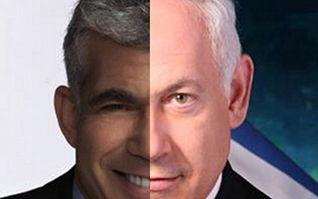 Yair Lapid and Benjamin Netanyahu (composite of two campaign photos)