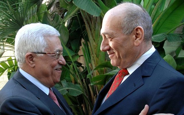 Former PM Ehud Olmert meets with Palestinian Authority President Mahmoud Abbas in Jerusalem, November 2008. (photo credit: Moshe Milner GPO/Flash90)