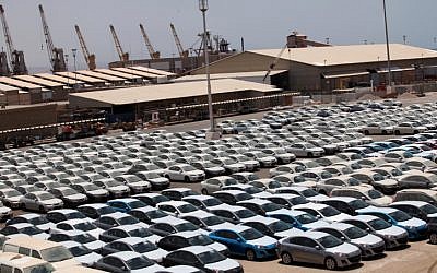 Illustrative photo of new cars at the port of Eilat on their way to being sold in Israel, July 2009. (photo credit: Yossi Zamir/Flash90)