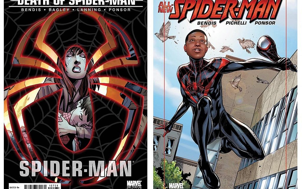 Marvel Comics hired Brian Michael Bendis to kill Peter Parker, left, Spider-Man's old alter ego. In his place, Bendis created a half-black, half-Hispanic hero who angered conservative commentators. (Courtesy of Marvel Comics via JTA)