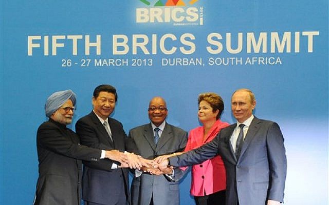 The leaders of Brazil, Russia, India, China and South Africa during the BRICS 2013 Summit in Durban, South Africa, on Wednesday, March 27, 2013 (photo credit: AP Photo/Sabelo Mngoma)