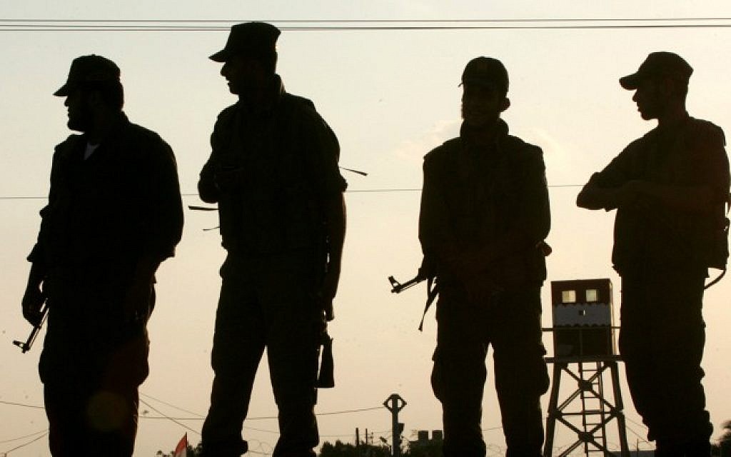 Hamas security officers stand guard in the southern Gaza Strip in October 2012. (photo credit: Abed Rahim Khatib/Flash 90)