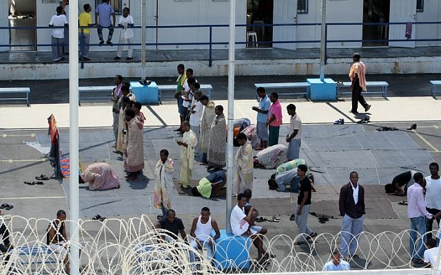 African immigrants seen at a detention facility located in the south of Israel. August, 2012. (photo credit: Moshe Shai/Flash90)