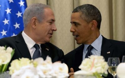 US President Barack Obama, right, talks with Prime Minister Benjamin Netanyahu at a state dinner in his honor on Thursday, at the President's Residence in Jerusalem. (photo credit: Avi Ohayon/Flash90)