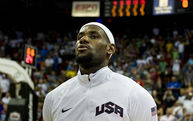 Lebron James sings the national anthem prior to the start of a team USA exhibition game against the Dominican Republic, July 12, 2012, at the Thomas and Mack Center, Las Vegas, Nevada, (photo credit: Wikimedia Commons)