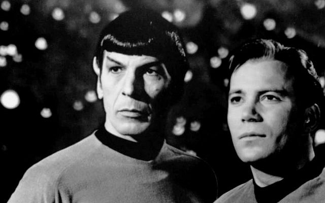 Leonard Nimoy (left) and William Shatner in a 'Star Trek' poster, 1968 (photo credit: Wikimedia Commons)