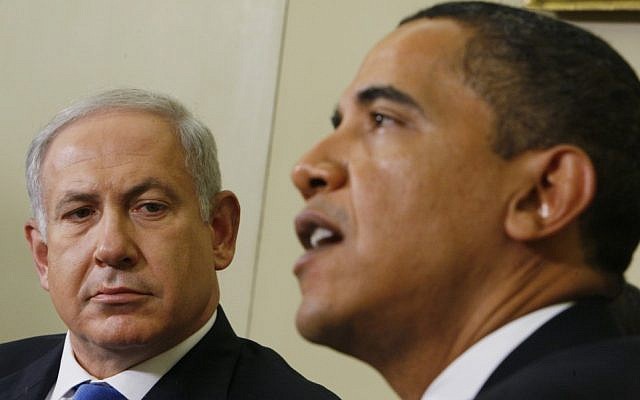 Illustrative: Prime Minister Benjamin Netanyahu, left, looks toward US President Barack Obama as he speaks to reporters in the Oval Office at the White House in Washington, March 2013 (AP Photo/Charles Dharapak, File)