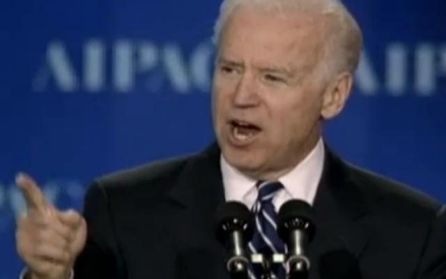 Vice President Joe Biden speaks to AIPAC on March 4, 2013 (photo credit: JLTV Screen Shot)