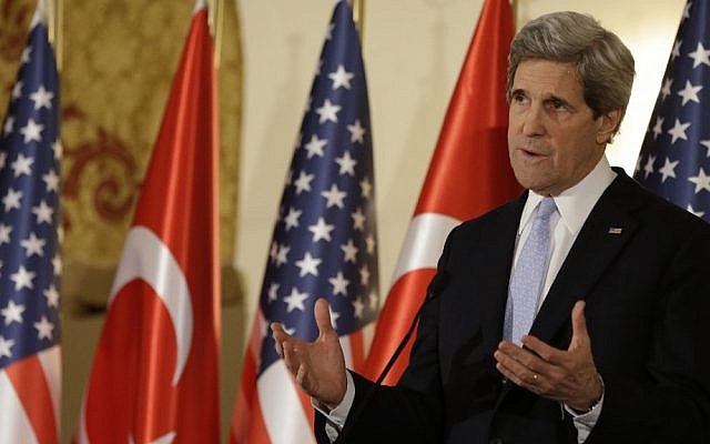 US Secretary of State John Kerry speaks at a news conference in Ankara, Turkey, on Friday (photo credit: Jacquelyn Martin/AP)