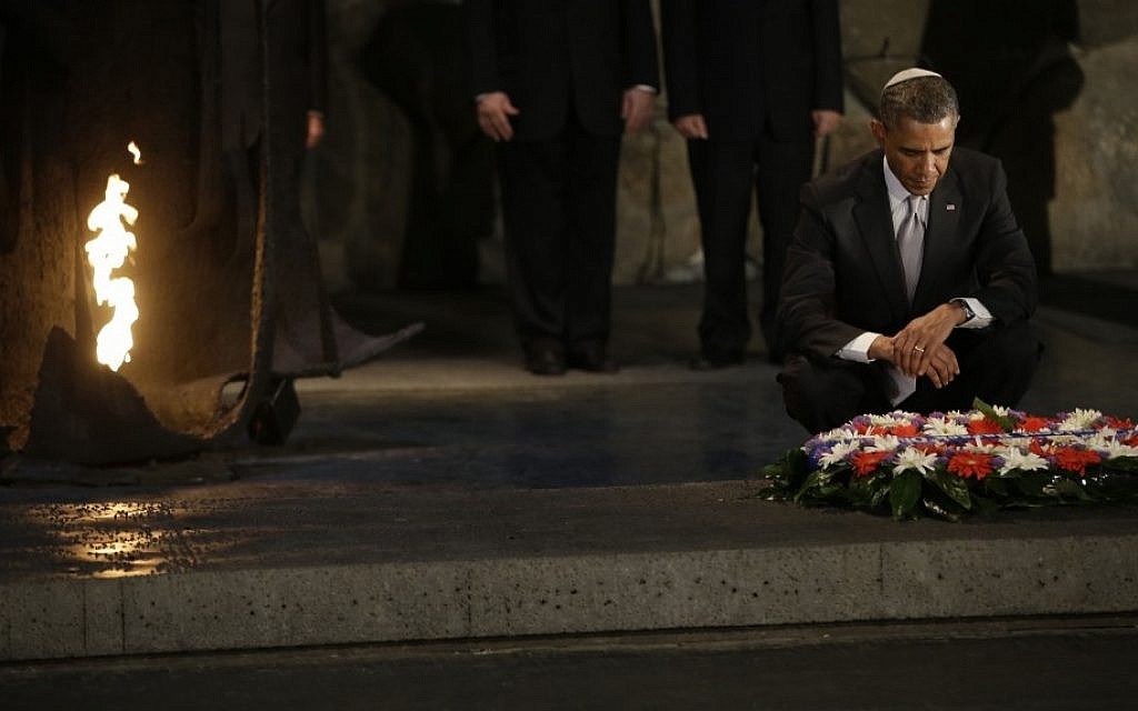 President Barack Obama pauses after laying a wreath during his visit to the Hall of Remembrance at the Vad Vashem Holocaust Memorial in Jerusalem, Friday, March 22, 2013. (photo credit: AP Photo/Pablo Martinez Monsivais)