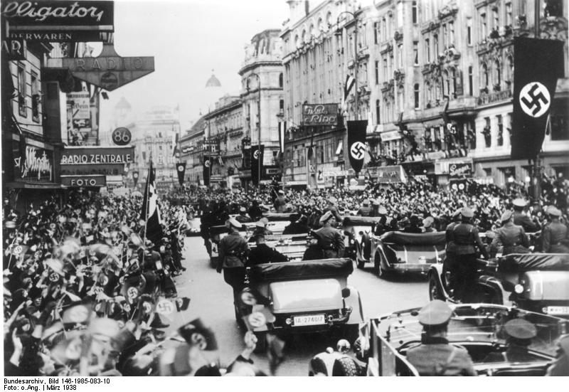 Cheering crowds in Austria welcoming Hitler in 1938. (photo credit: CC BY-SA German Federal Archives. Wikimedia commons)