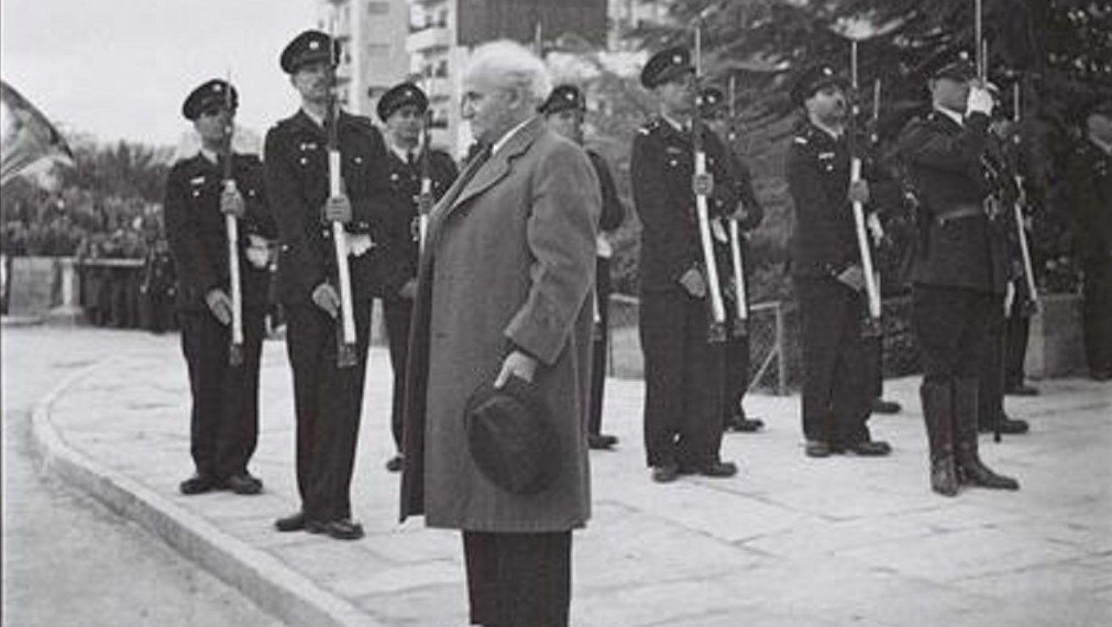 Israel's first prime minister David Ben-Gurion stands at attention as the national anthem, Hatikva, is played at the Knesset opening ceremony in 1949. (photo credit: GPO/Hugo Mendelson)