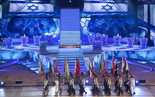 Final rehearsal for the Israeli 65th Independence Day Ceremony, with the torches lit in the background, at Mount Herzl in Jerusalem on April 11, 2013. (photo credit:Yonatan Sindel/Flash 90)