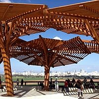 Pergolas shade the overlook at Ariel Sharon Park. (Jessica Steinberg/Times of Israel)