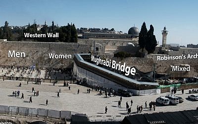 An illustration of Natan Sharansky's proposal, which will expand the Western Wall and create a permanent egalitarian space in the Robinson's Arch area. (photo credit: Creative Commons/Graphics by Uri Fintzy/JTA)