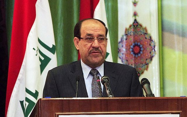 Former Iraqi Prime Minister Nouri al-Maliki speaks during Convergence of religions conference in Baghdad, Iraq, Saturday, April 27, 2013 (photo credit: AP/Karim Kadim)