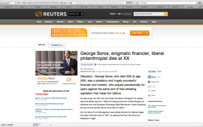 reuters soros screen apologizes mistakenly capture obituary written george published pre killing financier credit