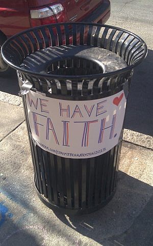 Trash receptacle on Newbury Street near the Boston Marathon attack site. (photo credit: Matt Lebovic/Times of Israel)