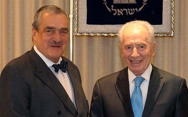 President Shimon Peres meets Czech Foreign Minister Karel Schwarzenberg in Jerusalem on February 02, 2012. (photo credit: Mark Neyman/GPO/Flash90)