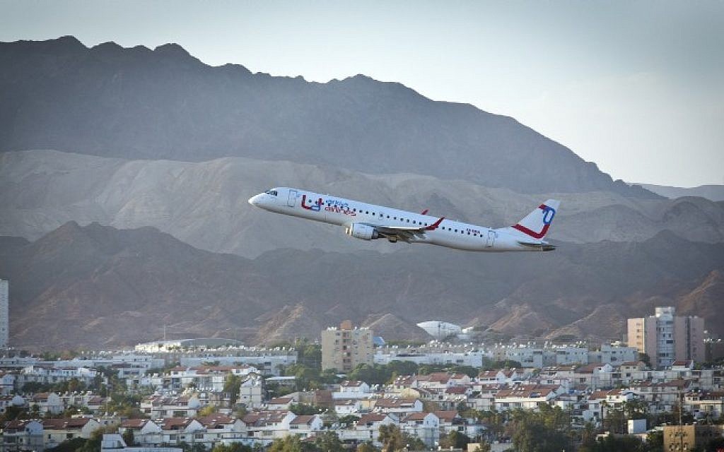 Illustrative. An airplane taking off from Eilat's airport, December 2012. (Moshe Shai/ Flash90/ File)