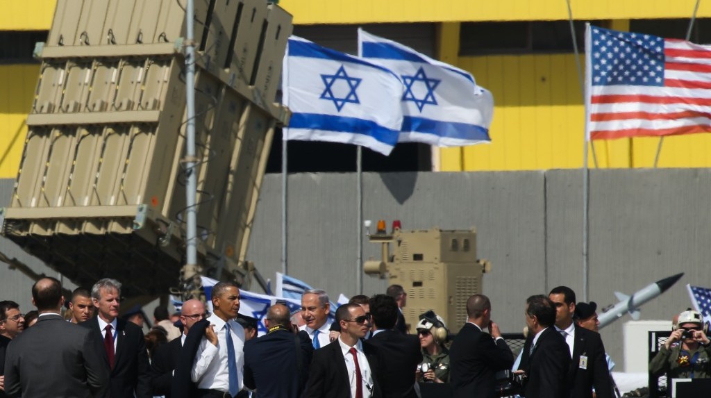 President Barack Obama and Prime Minister Benjamin Netanyahu inspect an Iron Dome missile defense battery at Ben Gurion Airport on March 20 2013 (photo credit: Nati Shohat / FLASH90)