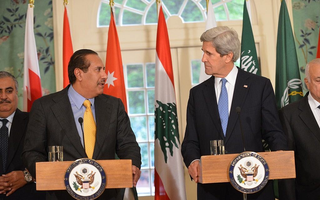 Secretary of State John Kerry, right, delivering a Joint Statement with Qatari Prime Minister Sheikh Hamad bin Jassim bin Jabr Al-Thani in Washington, April 29, 2013. (photo credit: US State Department/JTA)