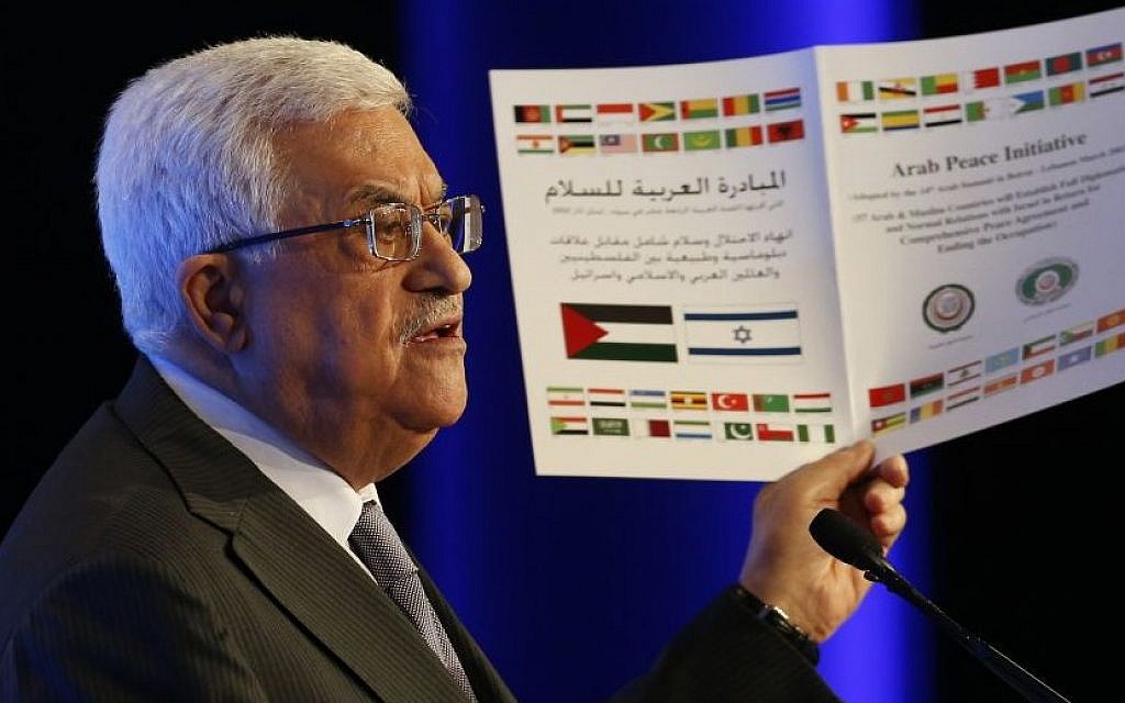 Palestinian Authority President Mahmoud Abbas promotes the Arab Peace Initiative during a speech at the World Economic Forum on the Middle East and North Africa in Jordan, May 26, 2013 (photo credit: AP/Jim Young)