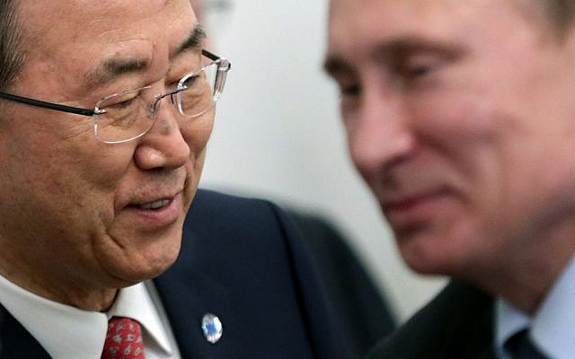UN Secretary-General Ban Ki-moon (left) and Russian President Vladimir Putin meet in Sochi, Russia, on Friday, May 17, 2013. (Photo credit: AP/Maxim Shipenkov, Pool)