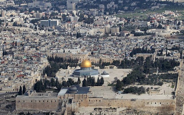 The Temple Mount, with the black-domed Al-Aqsa Mosque in the foreground (photo credit: Nati Shohat/Flash90)